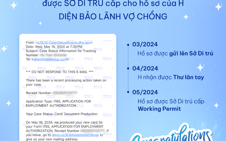 Thẻ việc làm được Sở Di trú cấp cho hồ sơ của H, diện Bảo lãnh vợ chồng